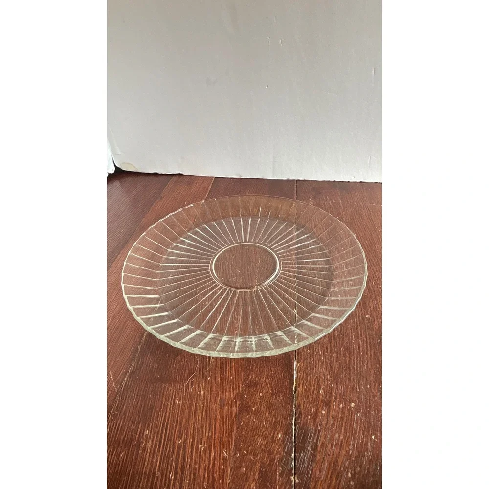Vintage Clear Pressed Glass Sunburst Round Serving Platter 12 Inch Scalloped Rim
